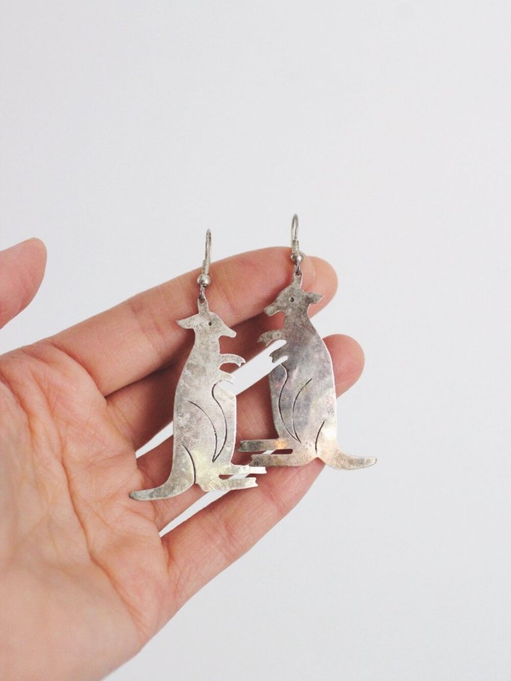 Vintage Alpaca Mexico Silver Kangaroo Dangle Earrings Animal Jewelry Handmade